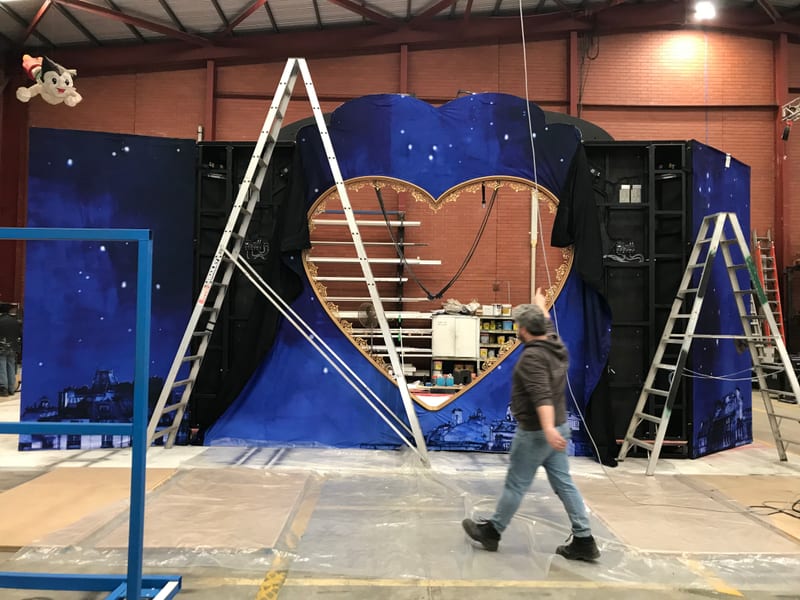 The gold heart portal and starcloth for Moulin Rouge! The Musical under build in TSA's South Australia scenic workshop