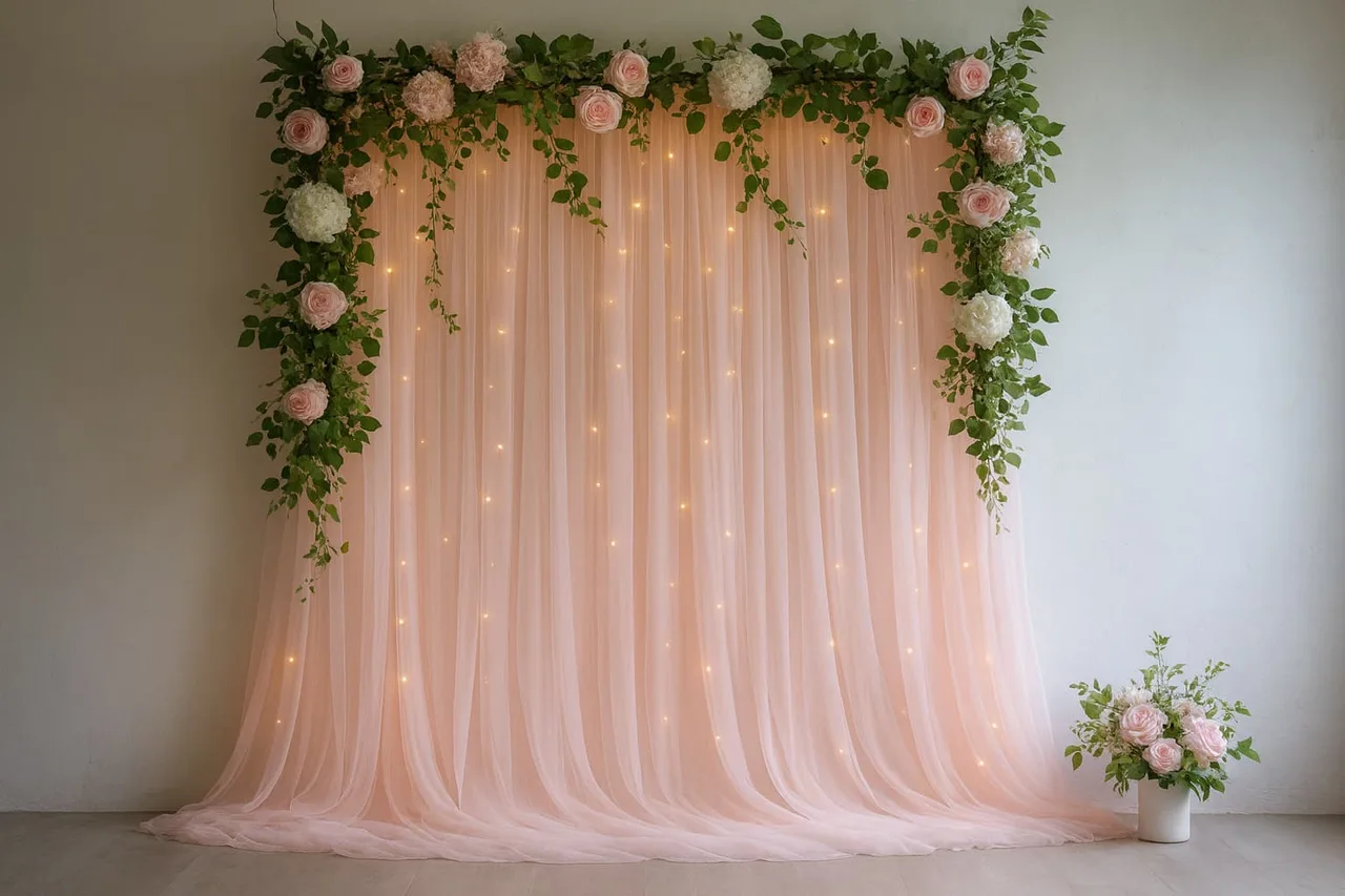 Pale pink sheer voile backdrop with fairy lights and a floral arch for an event