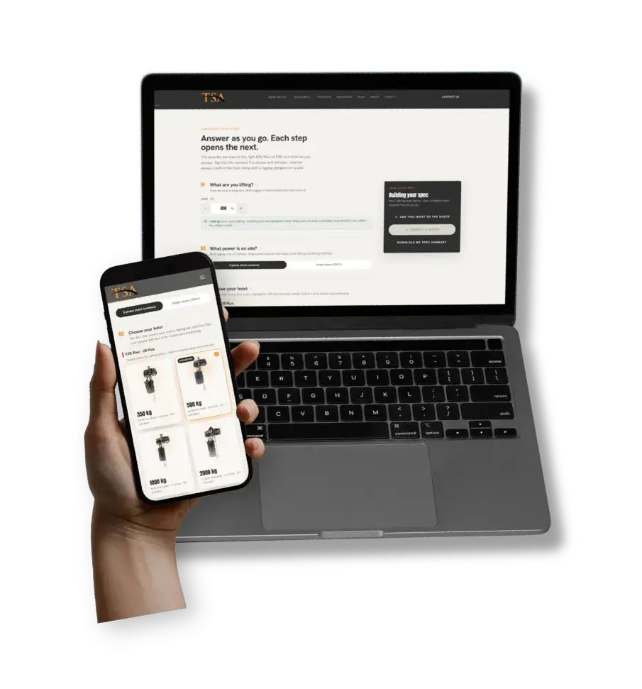 The TSA Hoist Selector shown on phone and laptop screens