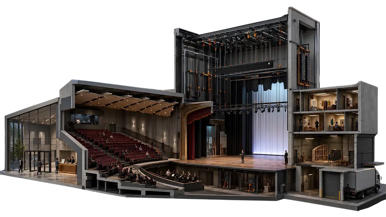 Isometric cutaway of a performing arts centre inside the Venue Rigging Explorer