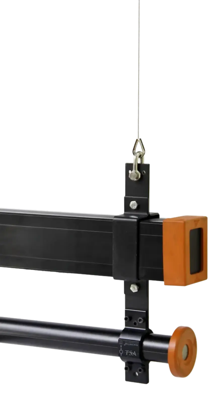 Batten clamp hardware detail on an installed rigging bar