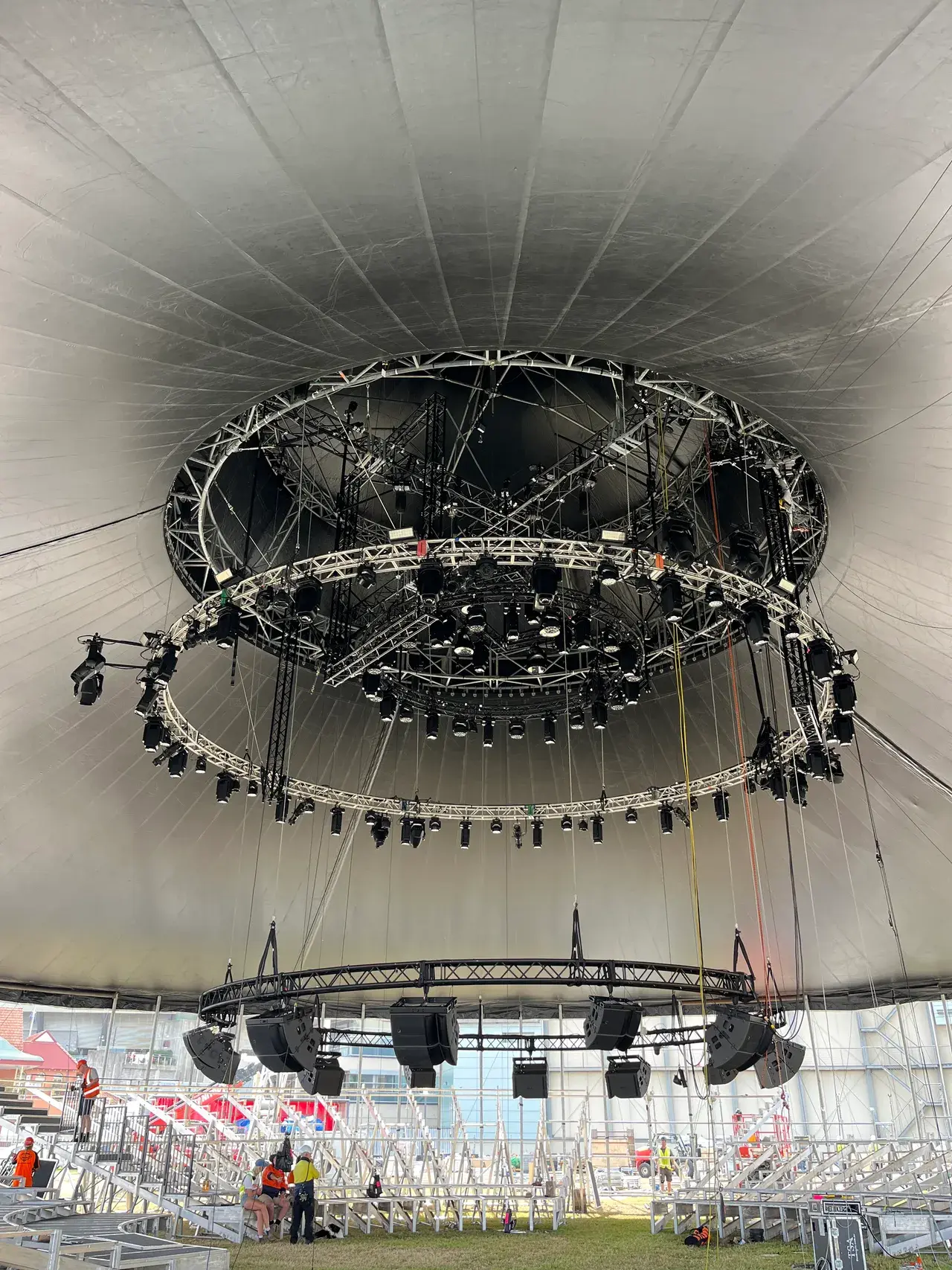 The Come Alive in-the-round rigging grid seen from above during build
