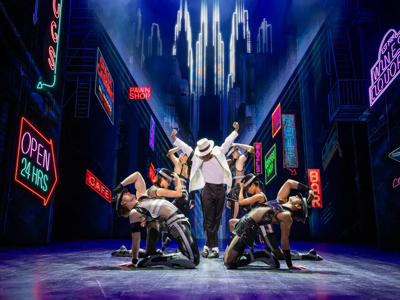 MJ The Musical on stage - TSA custom lift, turntable, rigging and printed soft goods