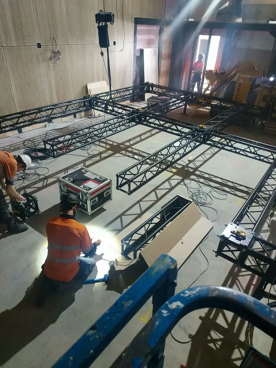 Box truss laid out and assembled on the floor before the flyout.