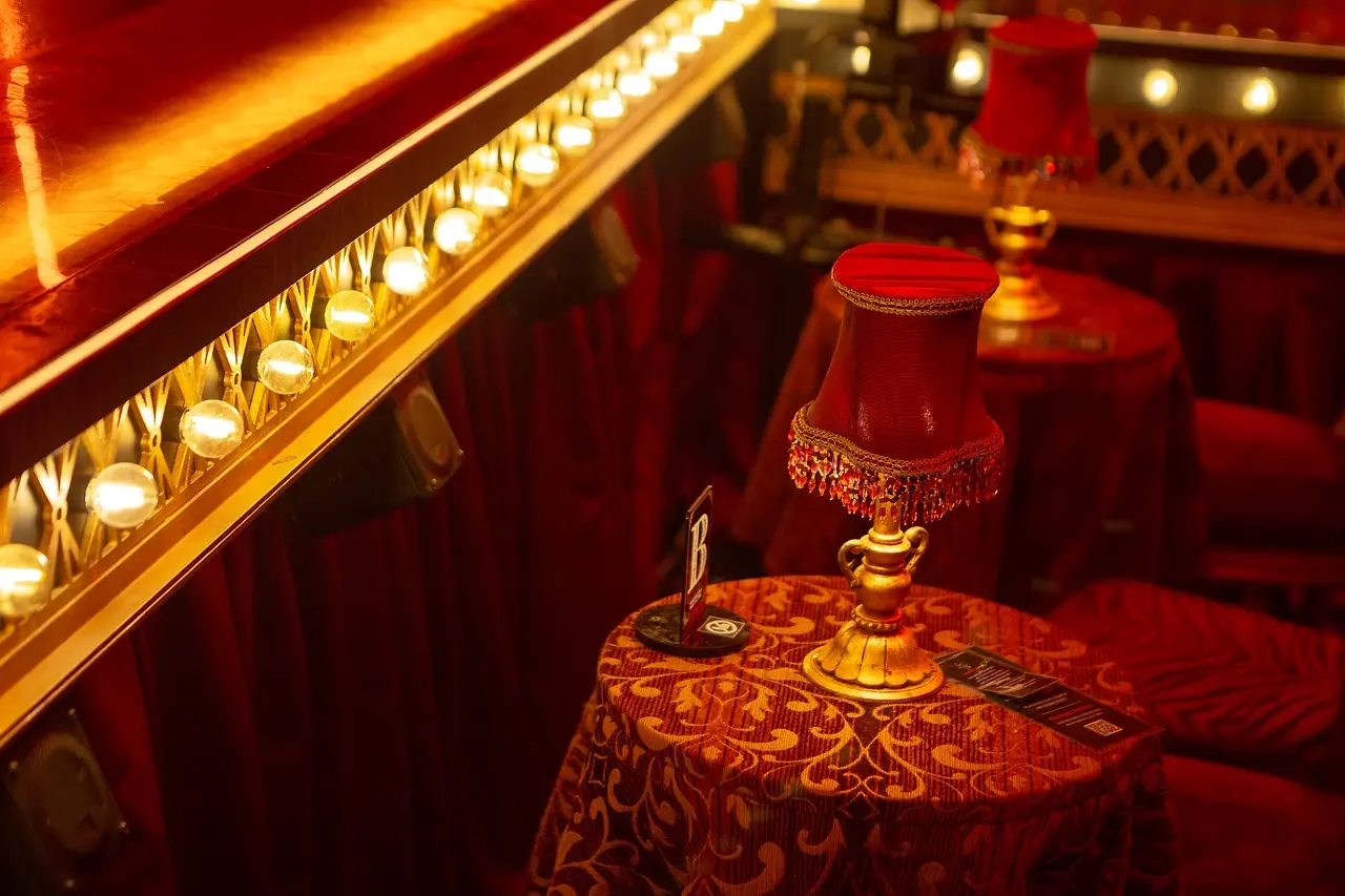 Ceiling view of Moulin Rouge stage drapery and festoon lighting suspended over the auditorium. Photo: Chris Parker.