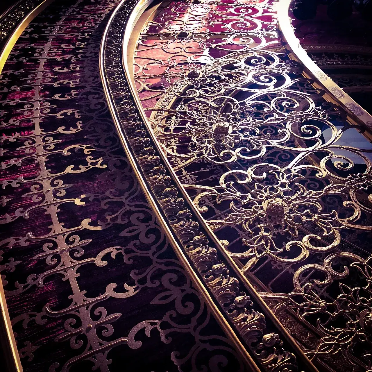 Finished gold filigree over red velvet on a Moulin Rouge heart portal, built in the TSA scenic workshop. Photo: TSA.
