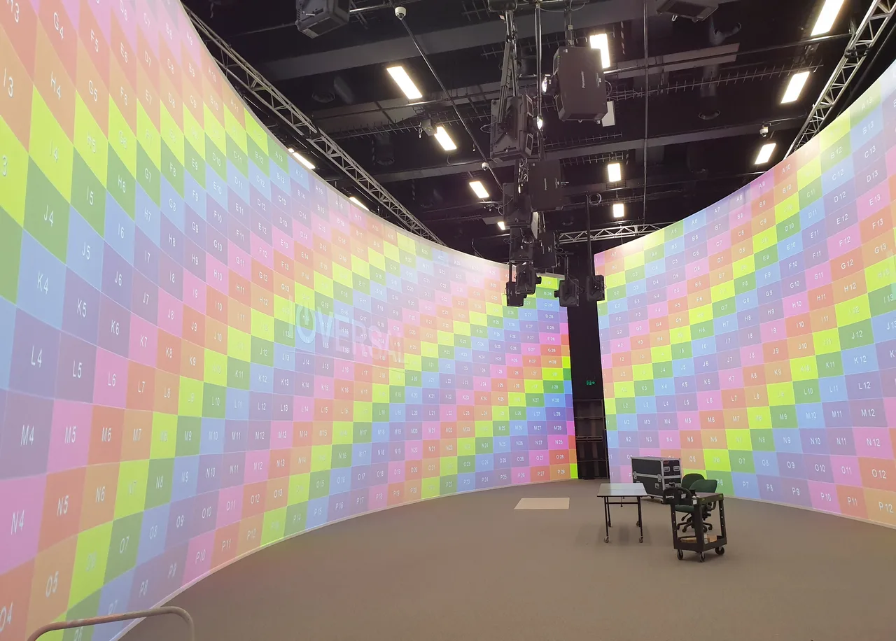 Curved cyclorama projection walls showing an alignment grid, with truss and projectors overhead