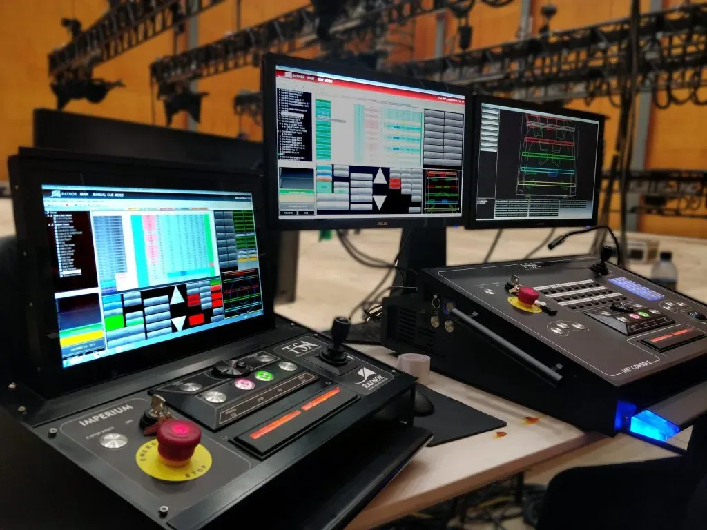 A Raynok automation control desk with three monitors and joystick console