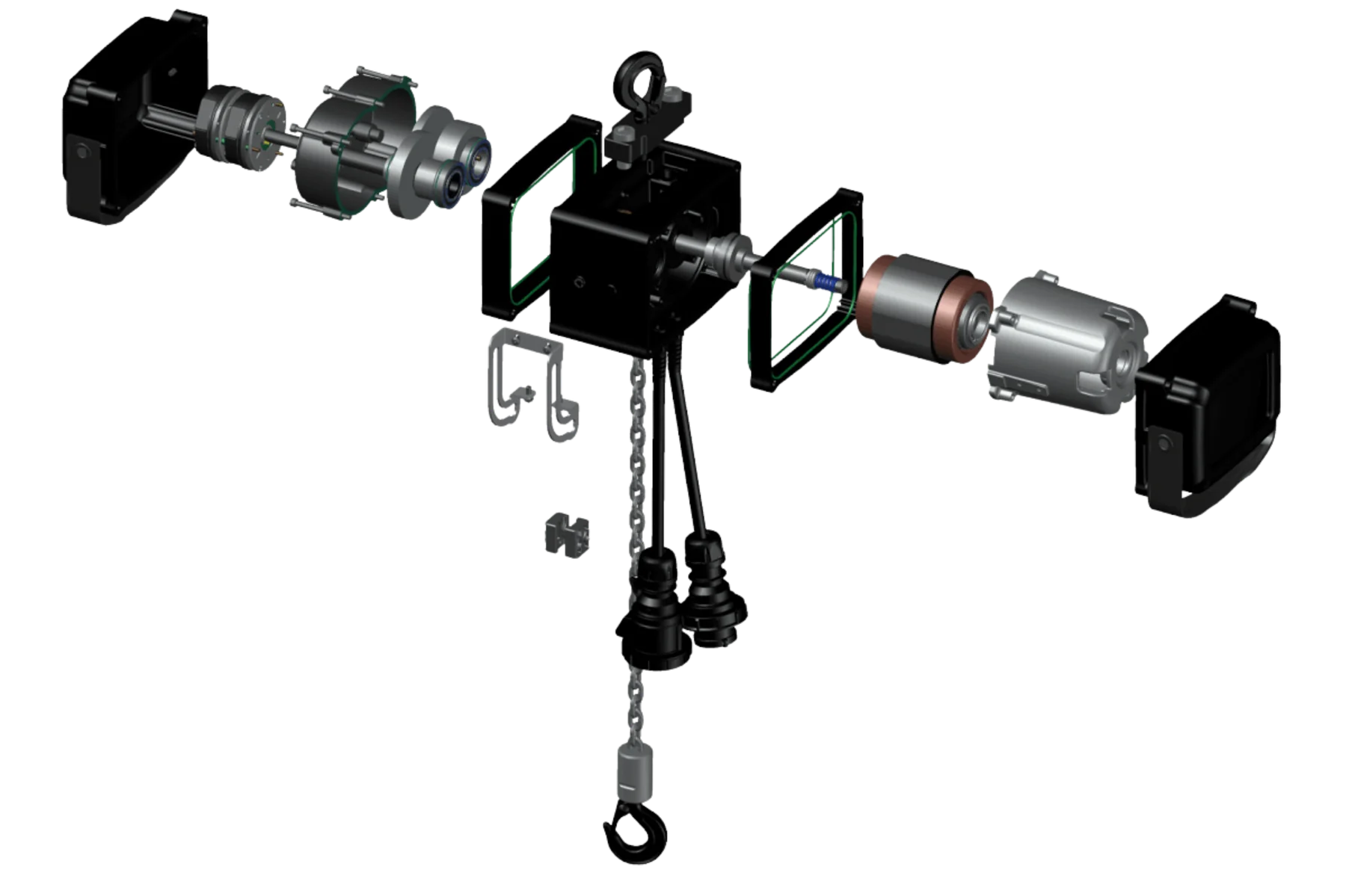 EXE Rise chain hoist exploded view: top suspension hook, brake, gearbox, body housing, motor, load chain and bottom hook