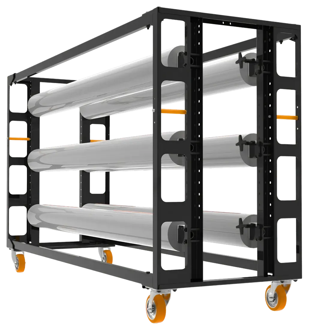 Dance-floor roll trolley on orange castors