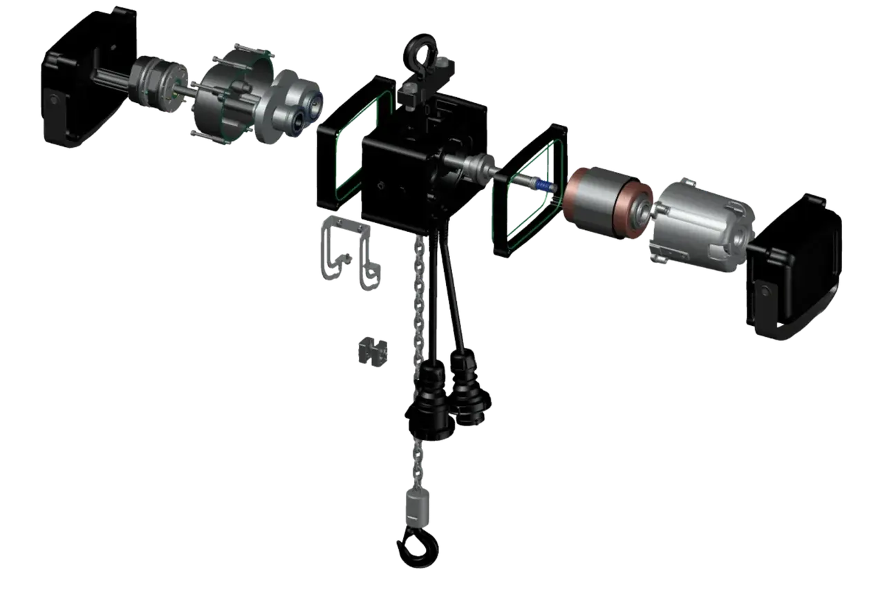 Exploded view of an electric chain hoist's serviced components