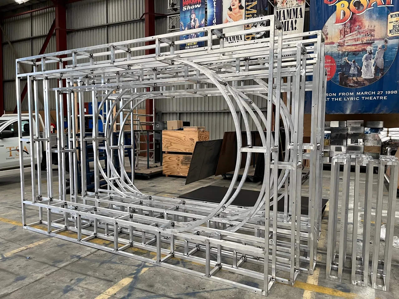 A custom aluminium truss frame with a circular internal profile fabricated for Illuminate